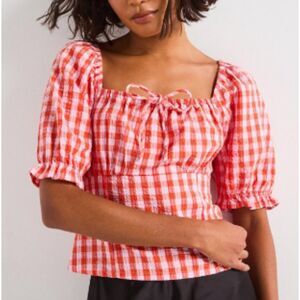 Vero Moda Gingham Puff Sleeve Smocked Tie Front Top Size Large
